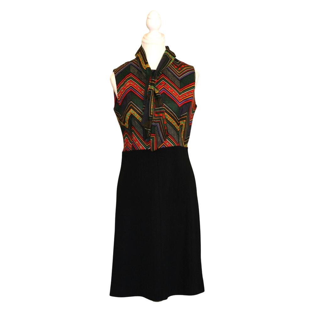 VTG 1970's Sleeveless Tie Neck Secretary Dress Multicolor Chevron & Black sz S